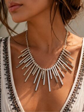 Boho Silver Fringe Bib Statement Necklace Runway Festival Glam